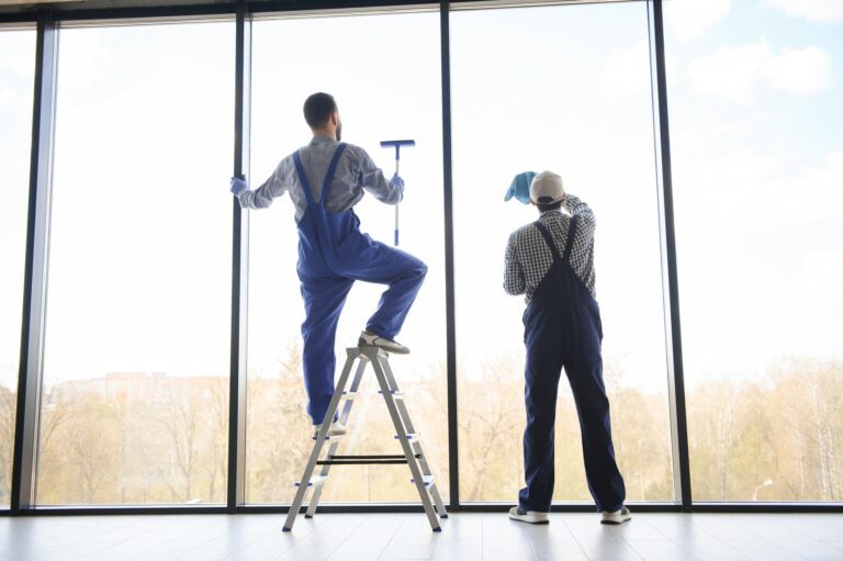 A man cleaning windows. cleaning team of men washes the windows